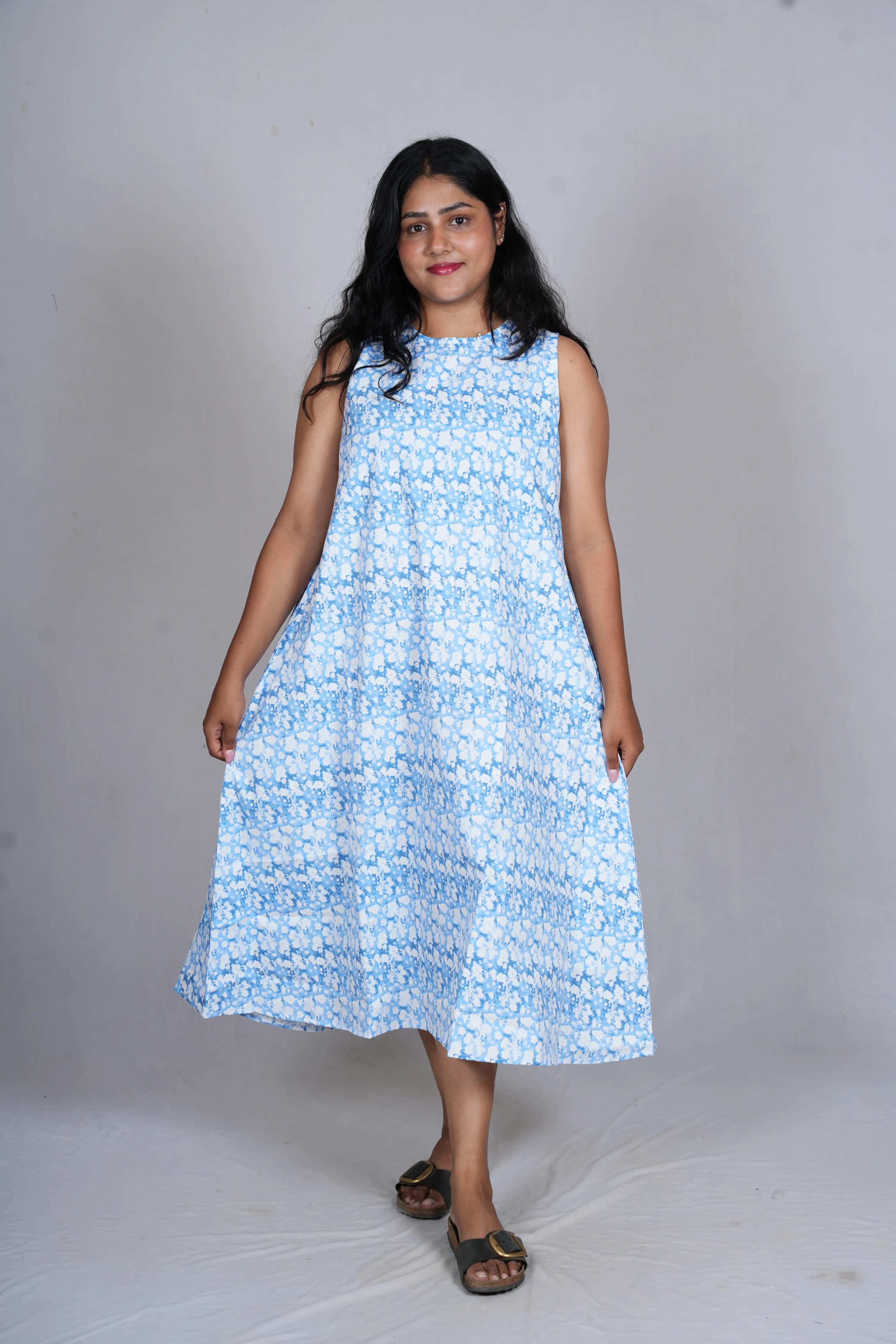 Azure Ditsy Floral Trapeze Midi Dress