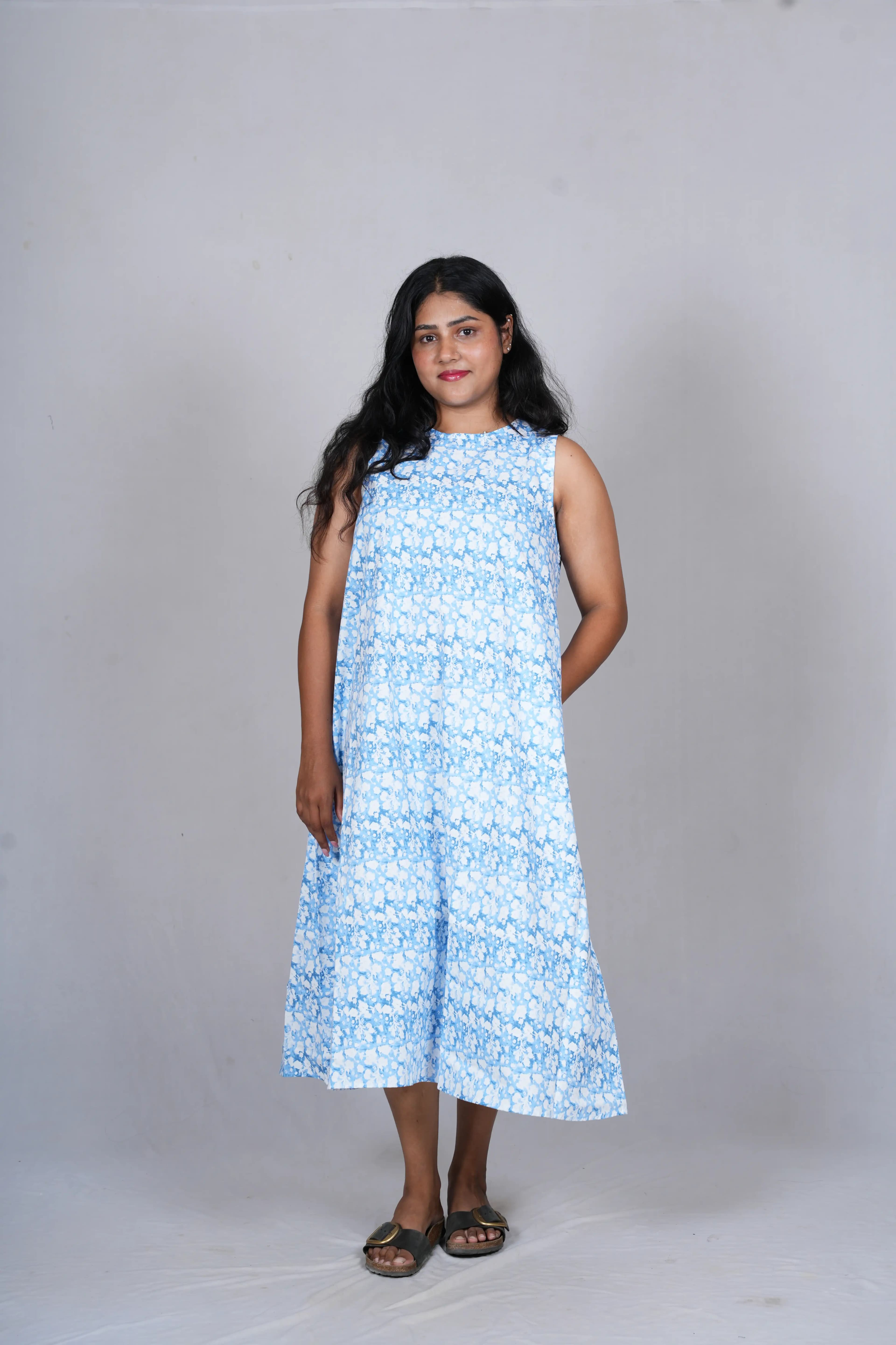 Azure Ditsy Floral Trapeze Midi Dress