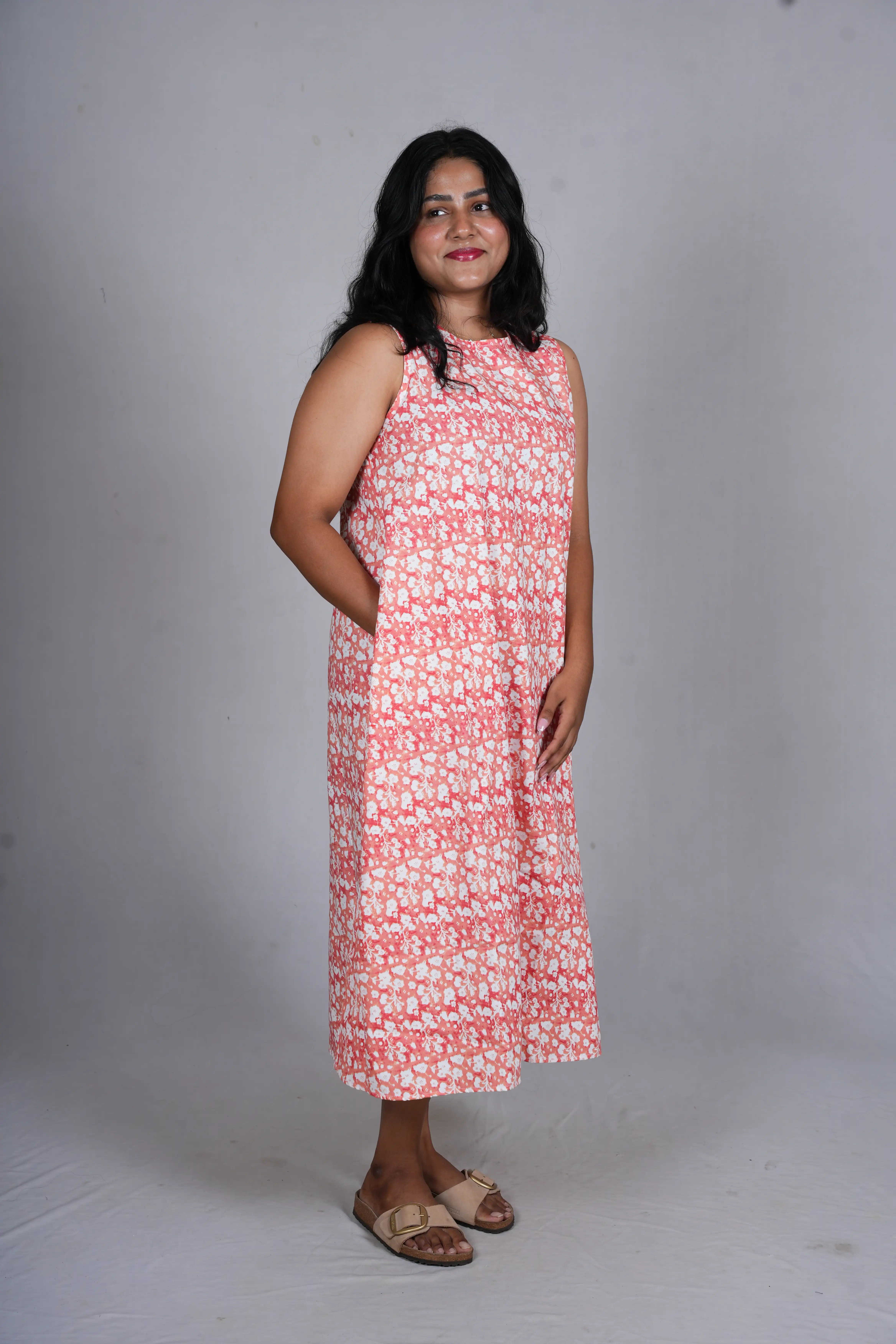 Coral Ditsy Floral A-Line Midi Dress