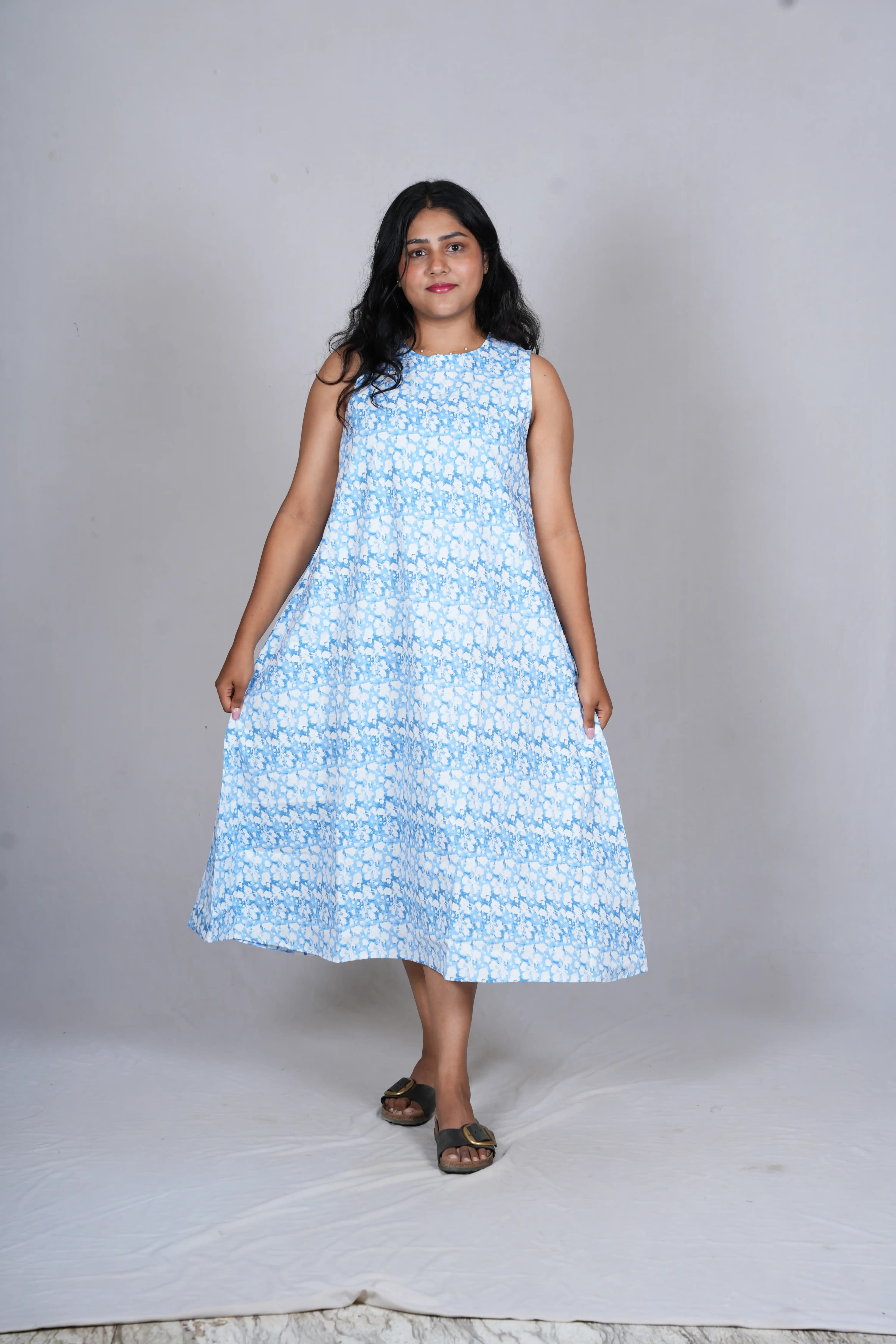 Azure Ditsy Floral Trapeze Midi Dress