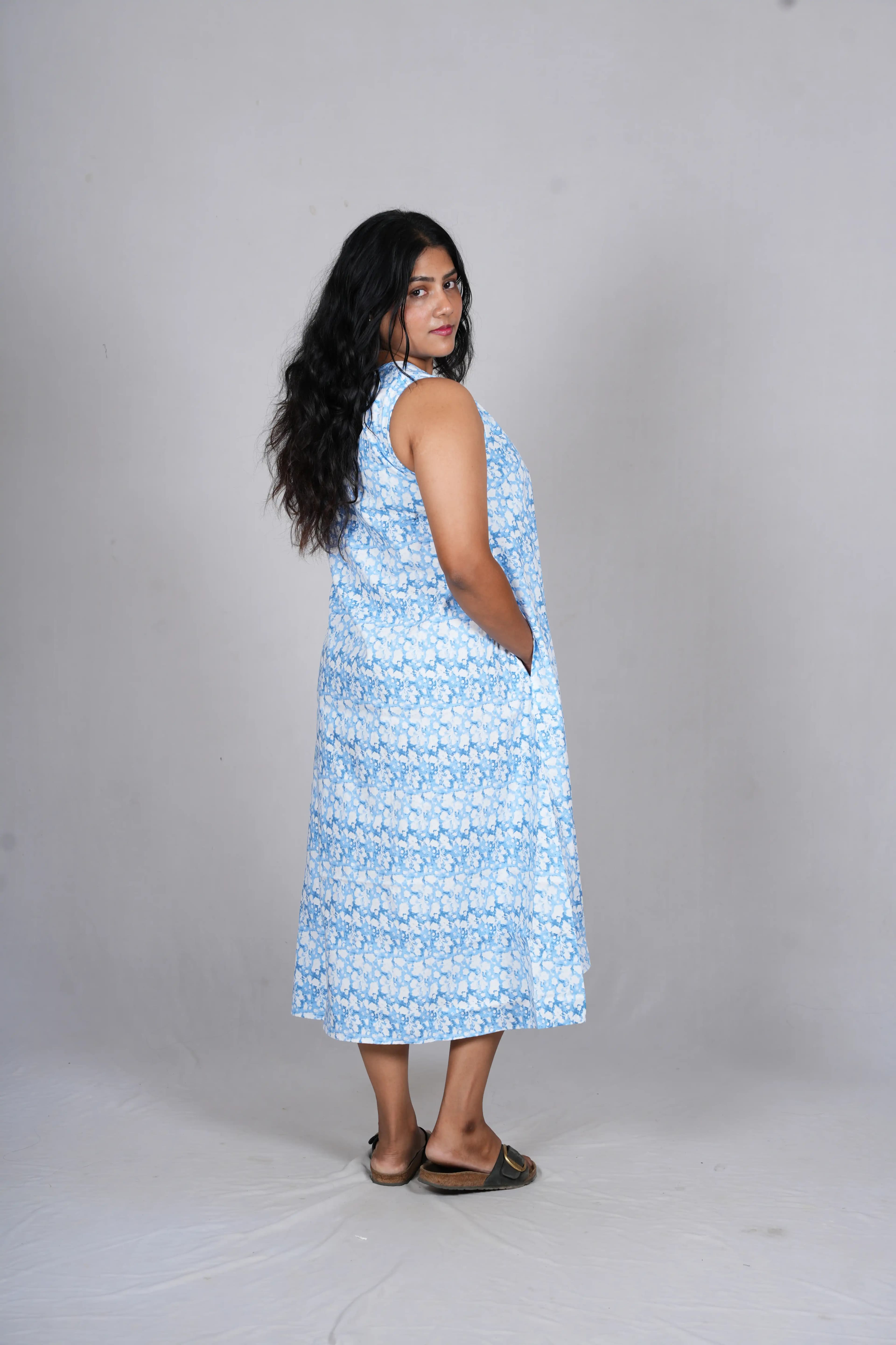 Azure Ditsy Floral Trapeze Midi Dress