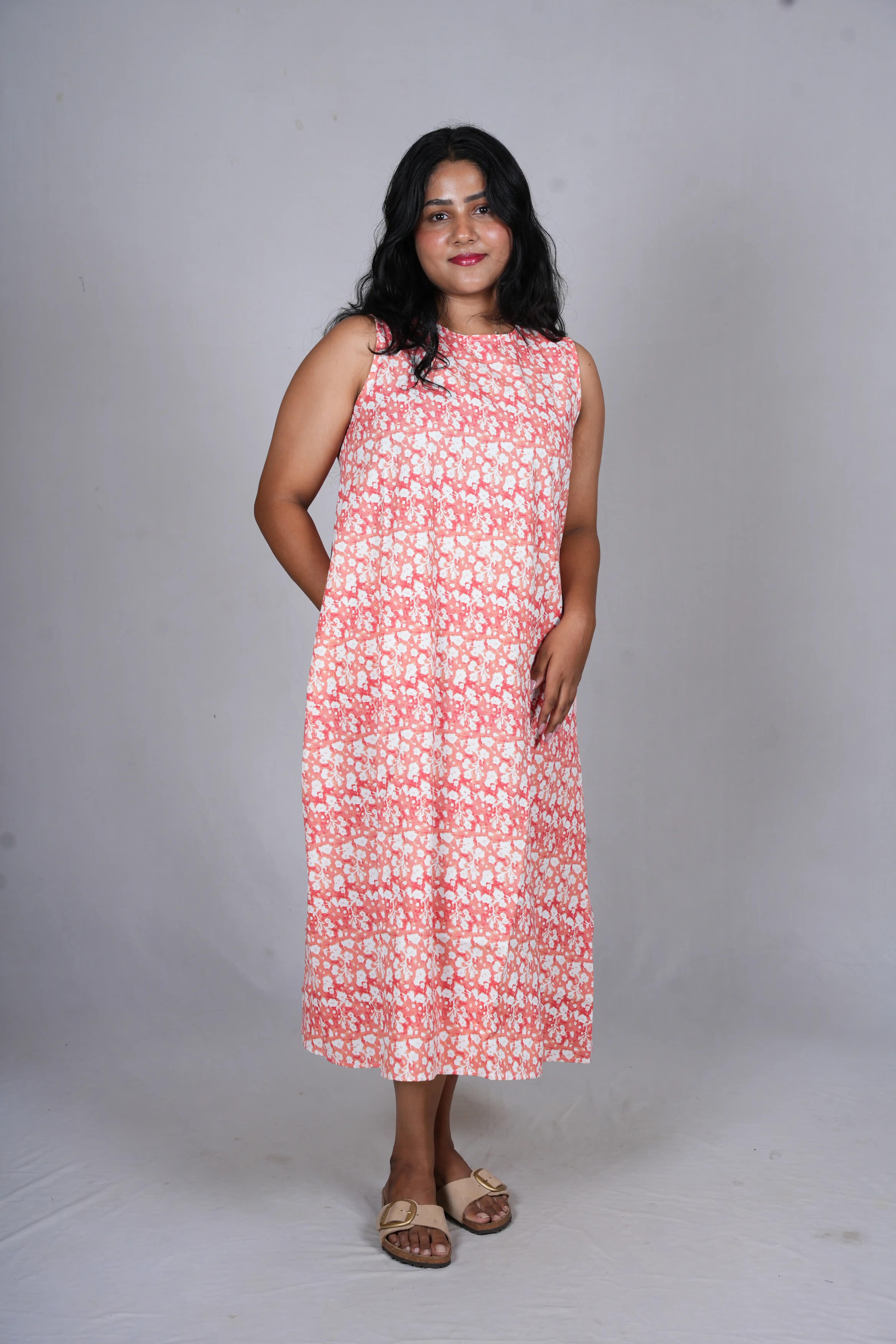 Coral Ditsy Floral A-Line Midi Dress